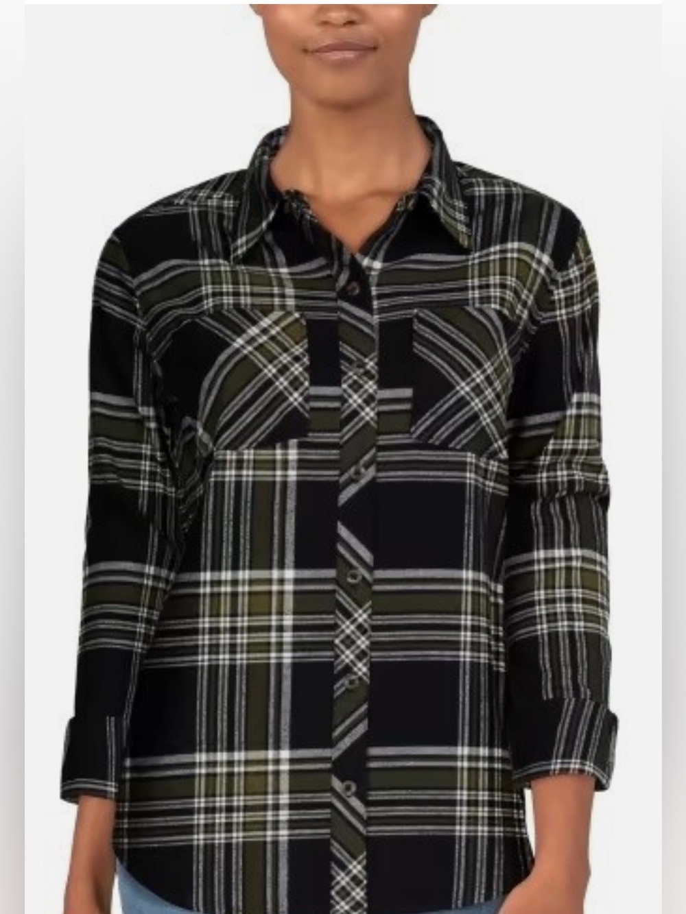 Natural Reflections Womens Flannel Shirt Size Large Cotton Black Green Plaid